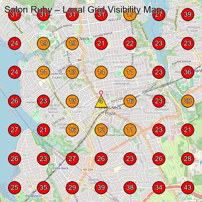 Salon Ruby GeoGrid visibility map for Beauty Salon in Queens